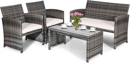 HAPPYGRILL 4 Piece Patio Conversation Set with Soft Cushions Rattan Furniture Set with PE Wicker Coffee Table & Sofa Chairs for Garden Poolside Porch Backyard