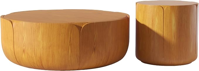 36" Round Coffee Table with 20" Round Side Table Set, Waterproof Sturdy MGO Wood Texture Grain Drum Outdoor Tables Set for Patio Garden Backyard Living Room, No-Assembly, Natural and Brown