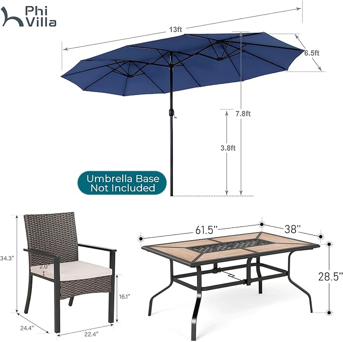 PHI VILLA 7pc Patio Dining Set with Umbrella, Wood-top Table, Rattan Chairs | 61" Wood-top dining table, 6 cushioned rattan wicker chairs, 13ft blue umbrella. Perfect for patio, deck, yard, or porch.