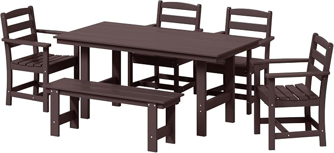 WestinTrends Ashore 6-Piece Outdoor HDPE Patio Dining Table Set with Bench, Dark Brown