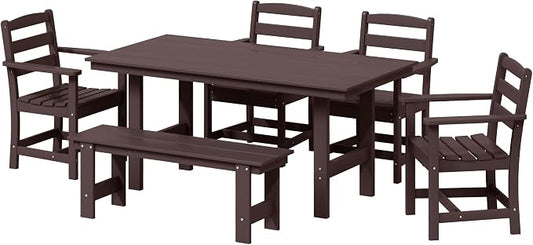 WestinTrends Ashore 6-Piece Outdoor HDPE Patio Dining Table Set with Bench, Dark Brown