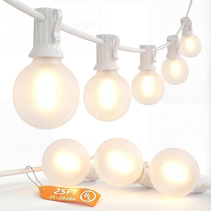 SUNSGNE 25Ft G40 LED Outdoor White String Lights with 27 White Frosted Shatterproof Globe Bulbs (2 Spare), Outdoor Hanging Lights for Room Café Bistro Pergola Tents, White Wire