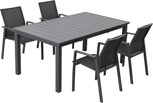 Wisteria Lane Outdoor Patio Dining Set, 5 Piece Aluminum Modern Outdoor Table and Chairs Set for 4, Metal Expandable Patio Table & 4 Stackable Textilene Chairs for Balcony Deck Backyard, Grey