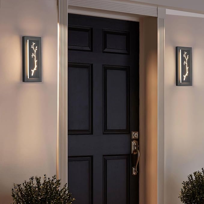 LED Outdoor Wall Sconce, 15.7'' Black Outdoor Front Porch Lights Modern Exterior Lighting Fixtures, LED Exterior Wall Sconce for House, Hallway, Warm White 3000K, 2 Pack