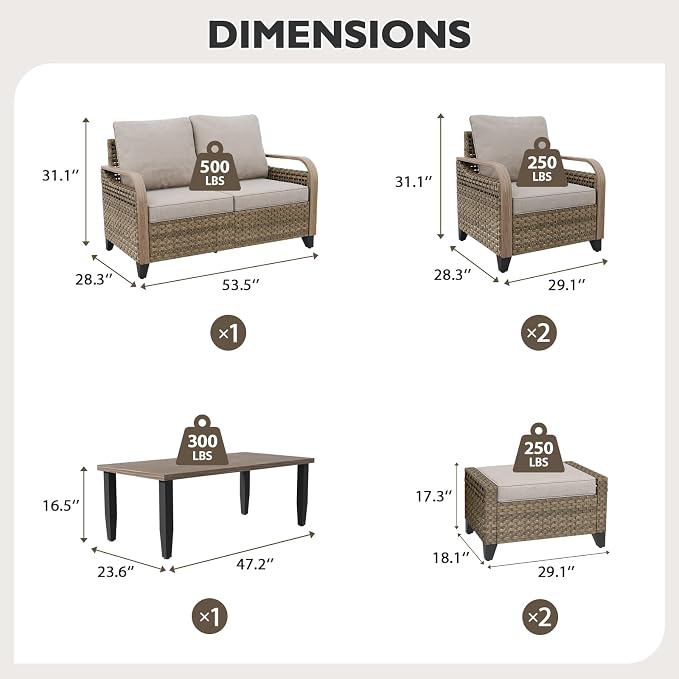 EAGLE PEAK Modern Wicker Outdoor Patio Furniture Set, Patio Conversation Set, 2 Chairs, 2-Seat Loveseat, 2 Ottomans and Coffee Table, 6 Pieces, Brown/Gray