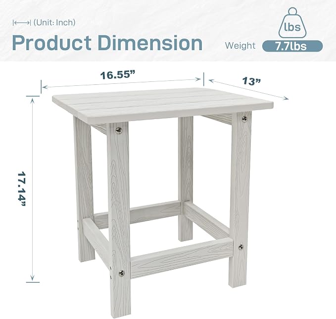 Meluvici Outdoor Side Table, HDPS Single Adirondack Side Table Weather Resistant, Table for Adirondack Chair, End Table for Patio, Pool, Deck, Porch, Outdoor or Indoor Use, White