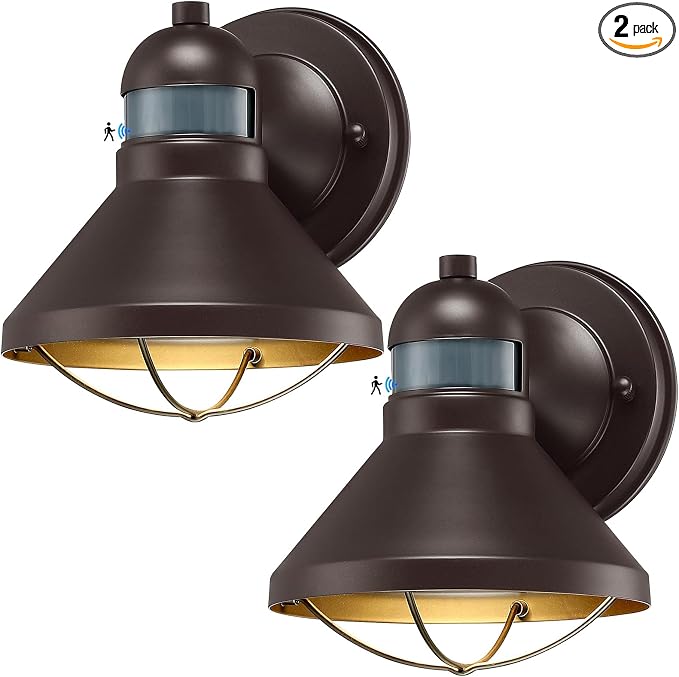 2 Pack Dusk to Dawn Motion Sensor Outdoor LED Wall Light Fixtures | Exterior Barn Light Fixtures Brown Outside Porch Lantern Farmhouse Wall Mount Garage Lamp for House Patio Front Door