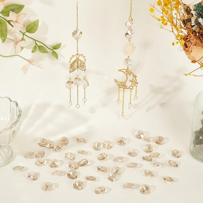 1 Box 120Pcs K9 Crystal Glass Beads 14mm Crystal Glass Octagon Beads 2 hole Chandelier Prisms Light Grey Hanging Pendants for DIY Crafts Curtains Lamps Wedding Decoration Suncatcher Ornaments