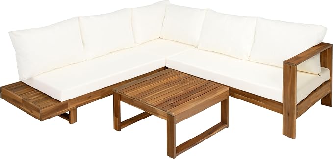 JIVOIT 4 Pieces Patio Conversation Set, Outdoor Acacia Wood Sectional Patio Sofa Set with Coffee Table, Slatted Design, Soft Cushions, Porch Furniture for Deck, Balcony, Backyard
