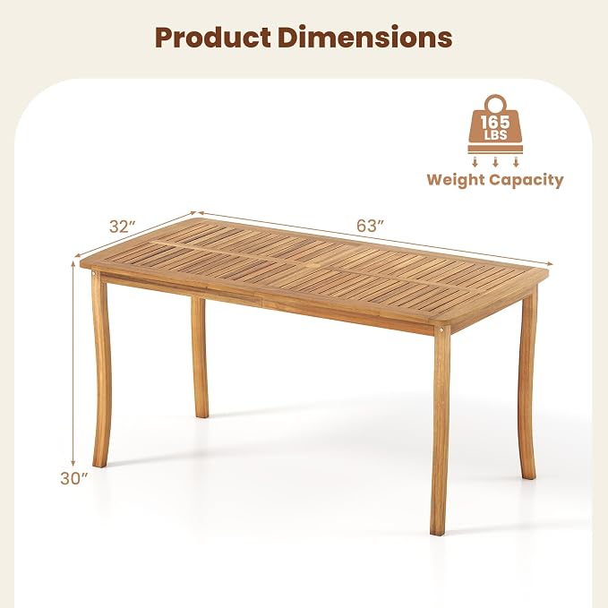 HAPPYGRILL Outdoor Acacia Wood Dining Table for 4-6 People, Patio Furniture Table with Umbrella Hole & Cover, 63” Slatted Tabletop, for Backyard, Patio, Deck, Porch
