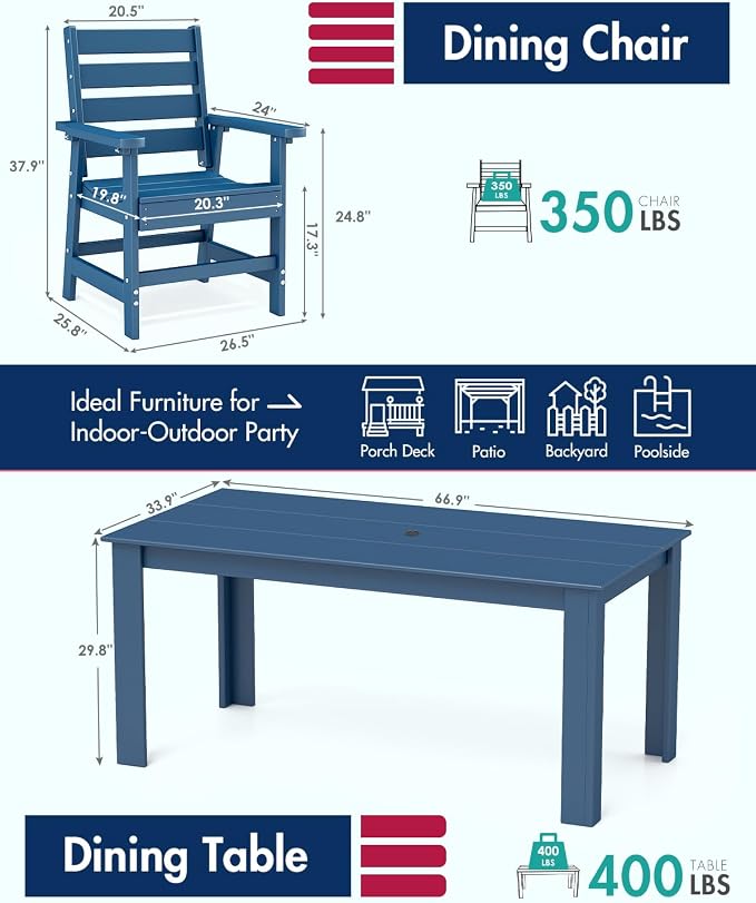 BRIOPAWS Outdoor-Dining-Table-Set | 5 Piece | HDPE | 2 Benches and 2 Chairs Sets for 6 | Patio Dinner Furniture | All Weather | Umbrella Hole | for Poolside Deck Backyard Outdoors | Blue
