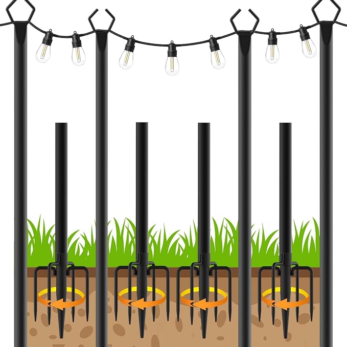 LETIANPAI 4 Pack String Light Poles,10 Ft Light Poles for Outside String Lights,Outdoor Lights Pole with Fork,Metal Poles Stand for Patio Deck Backyard