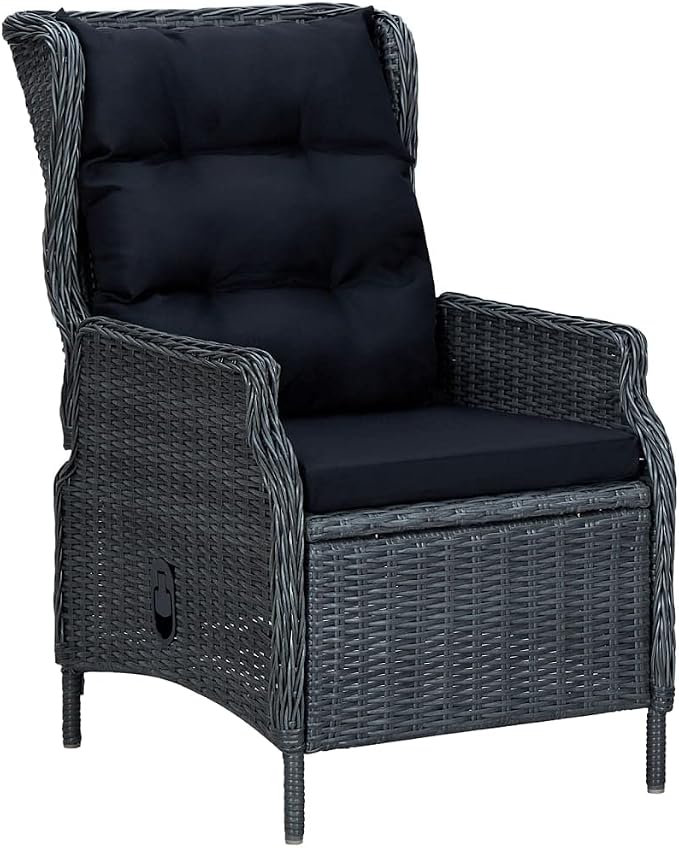 7 Piece Patio Dining Set with Dark Gray Poly Rattan, Tempered Glass Table and Adjustable Backrest Chairs for Outdoor Garden