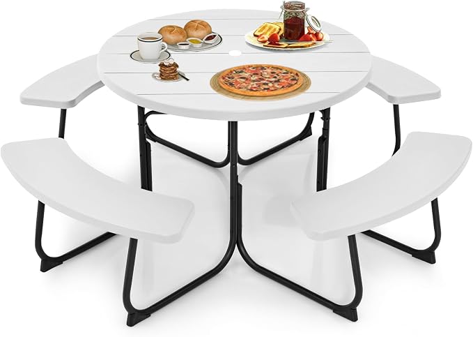 Round Picnic Table for 8 Person, Outside Table Bench Set w/ 4 Built-in Benches, Umbrella Hole, HDPE Top & Metal Frame, 2000LBS Capacity Outdoor Picnic Table for Garden, Porch, Patio (White)