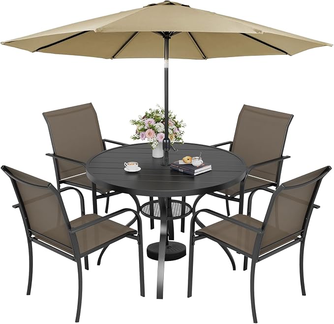 5-Piece Patio Dining Set with Umbrella,4 Person Outdoor Table and Chairs Set, 4 Metal Dining Chairs and Round Outdoor Table with 1.57" Umbrella Hole,Khaki