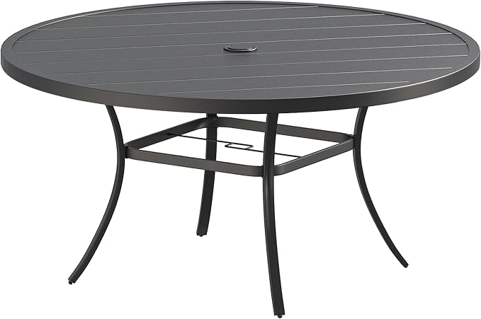 VICLLAX 63" Round Patio Table, Outdoor Dining Table for 8-10 with Umbrella Hole for Garden Lawn Deck Backyard, Black