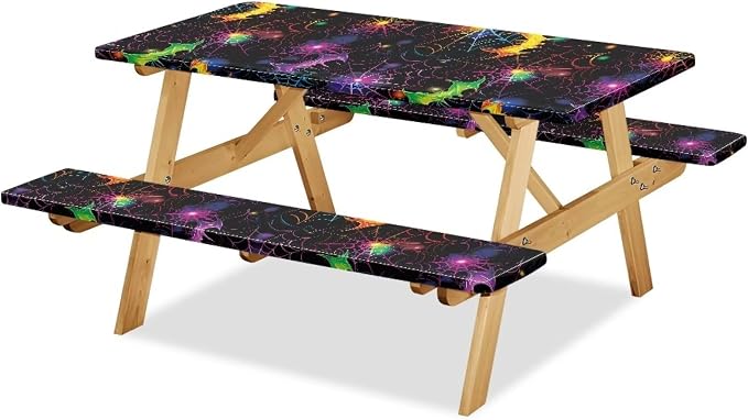 Halloween Picnic Table Cover with Bench Covers Lightweight Camping Essentials, Oil-Proof Waterproof 3PCS Tablecloth with Elastic, Fitted for Table 6FT Rectangle and Seats