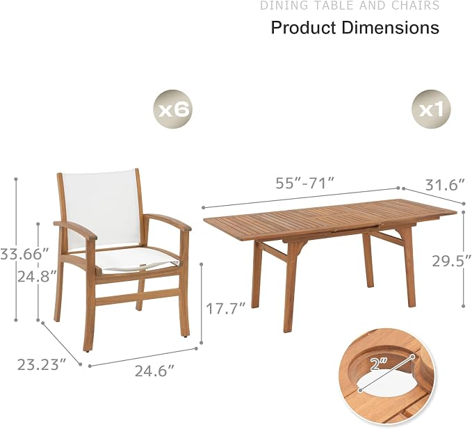 SUNSITT 7-Piece Outdoor Patio Dining Set, 55" - 71" Acacia Wood Expandable Table & 6 Breathable Textilene Mesh Chairs, All-Weather Patio Furniture w/Umbrella Hole for Backyard, Deck, Garden, White