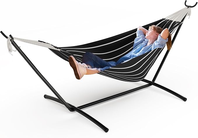 Double Hammock with Stand for Outdoor Use, 2 Person Heavy Duty Hammock with Steel Frame Stand, Portable Hammock for Patio, Yard & Garden, Easy Assembly, 450 Lbs Capacity-Chasm