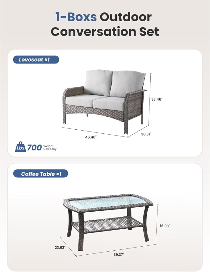 2-Piece Outdoor Patio Furniture Set with Coffee Table, Outdoor Conversation Wicker Sofa with Thickened Cushions, Rattan Couch for Deck Yard Poolside, Grey