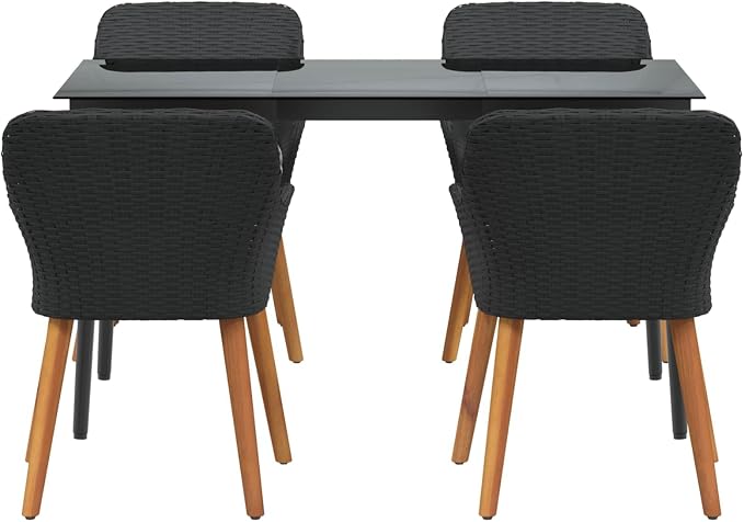 Garden Dining Set with Cushion 5 pcs Black Poly Rattan Outdoor Patio Furniture Table and 4 Chairs with Tempered Glass Top Weather Resistant for Backyard Deck Lawn Entertaining 970 lb Capacity