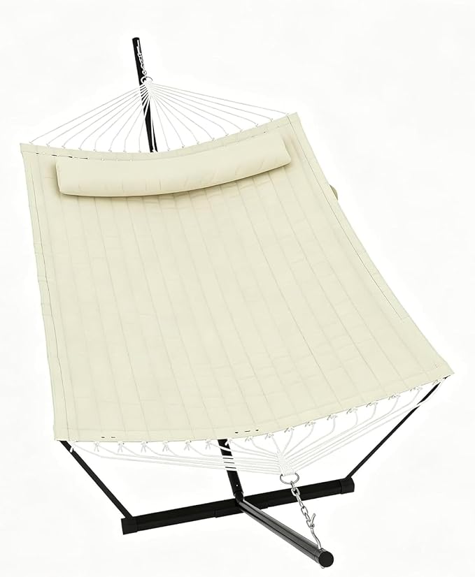 Double Hammock with Stand for 2 Persons, Outdoor Heavy Duty Hammock with Pillow & Balance Rope, 450 Lbs Capacity Freestanding Hammock for Patio, Backyard, Poolside Relaxation, Easy Assembly-Off White