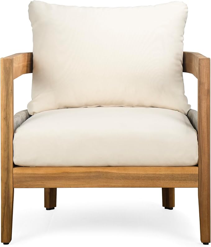 Merax 27.5" Outdoor Curved Accent Chair with All-Weather Cushions, Acacia Wood Frame Single Club Chair for Porch, Lawn, Backyard, Balcony, Teak+ Beige