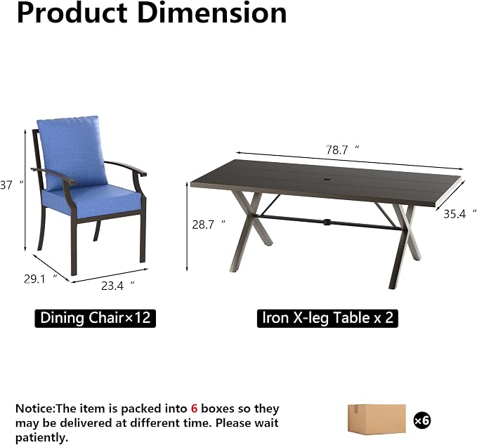 Kullavik 14 Pieces Outdoor Dining Set,Patio Dining Table and Chairs Set for 12,Fence Pattern Back Chairs with Thickened Cushions & Rectangular Metal Dining Table with Umbrella Hole for Patio,Navy Blue