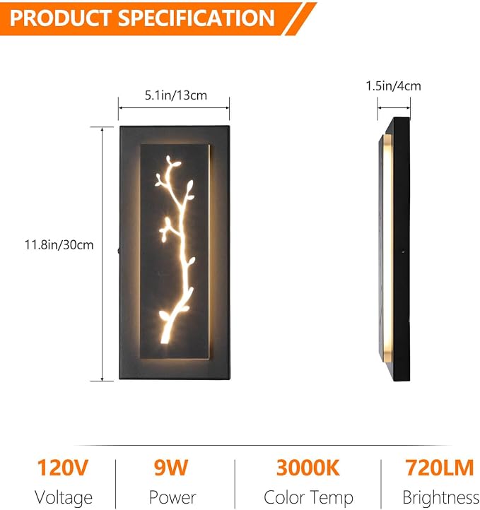 LED Outdoor Wall Sconce, 15.7'' Black Outdoor Front Porch Lights Modern Exterior Lighting Fixtures, LED Exterior Wall Sconce for House, Hallway, Warm White 3000K, 2 Pack
