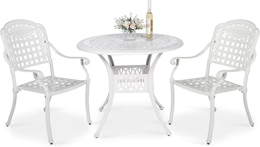 VIVIJASON 3-Piece Outdoor Patio Bistro Set, All-Weather Cast Aluminum Furniture Dining Sets Include 2 Chairs and 35.4" Round Table w/Umbrella Hole for Balcony, Lawn, Garden, Backyard, White