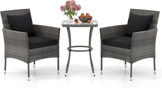 DORTALA Wicker Patio Furniture Set 3 Piece, Small Outdoor Table & Chairs with Tempered Glass Tabletop, Cushions, Rattan Conversation Bistro Set for Balcony, Porch, Backyard, Deck, Mix Gray+Black