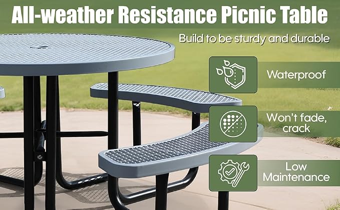 8 Person Metal Picnic Table for Outdoors, 46Inch Heavy Duty Sturdy Round Picnic Tables W/ 4 Benches & Umbrella Hole, Weatherproof Commercial Picnic Table for Garden, BBQ, Coffee Store, Patio, Porch