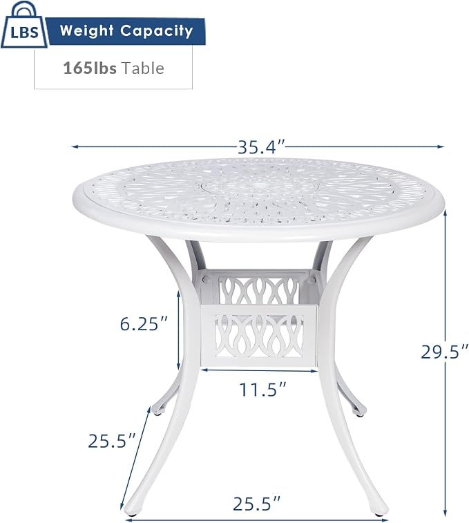 35.4 Inch Outdoor Dining Table Round Patio Table Bronze Cast Aluminum Rustic Large Table with Umbrella Hole, White
