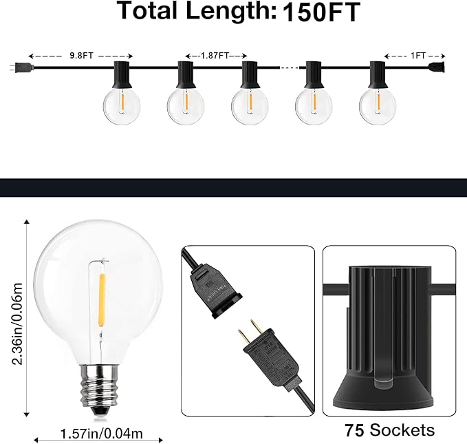 GPATIO 150FT Outdoor String Lights, Waterproof Patio Lights with 77 Dimmable Hanging Light Globe G40 Bulbs, 2700k Shatterproof Connectable for Backyard Gazebo Porch Outside Decor