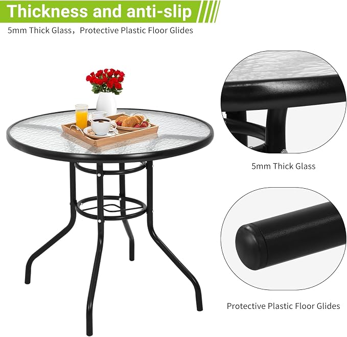 Outdoor Dining Bistro Table 32”Tempered Glass Patio Table, Round Patio Table with Umbrella Hole for Outdoor Dining Bars Garden Lawn Balcony Yard