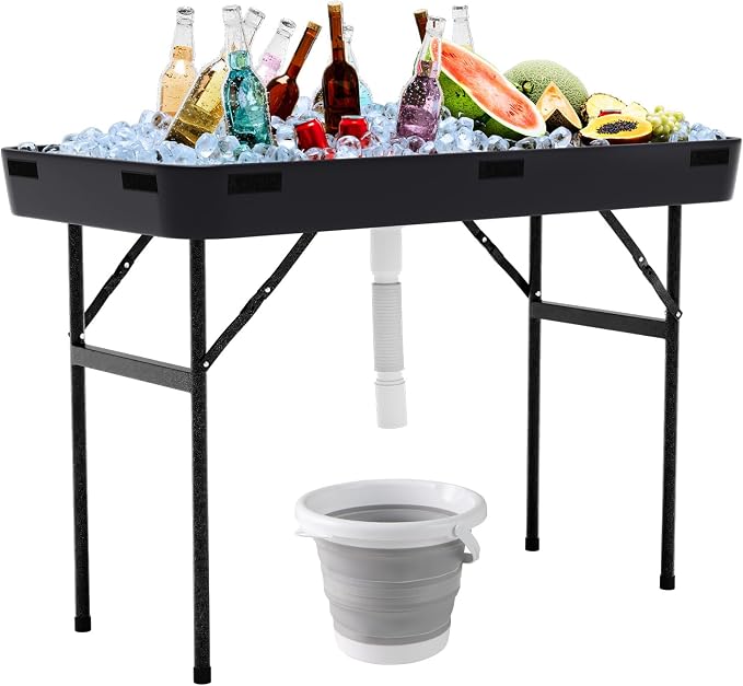 S AFSTAR 4 Foot Ice Tables for Parties with Drain, Folding Cooler Table Outdoor with Foldable Bucket, Removable Skirt, Portable Chill Cooler for Drinks Beverages, Party Ice Bin Table for BBQ Wedding