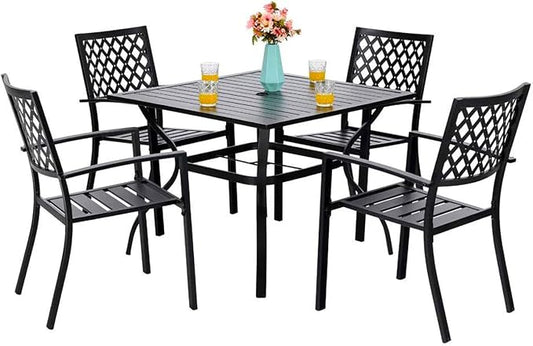 PHI VILLA Patio Dining Set, Stackable Chairs&37" Square Table | 37" Square Table & Stackable Iron Chairs, Large Furniture Set for Porch, Deck, Yard