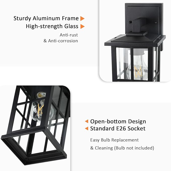 2-Pack Outdoor Wall Light Fixtures, Exterior Porch Lights, Black | Waterproof, Rust-Resistant, Aluminum Frame & Tempered Glass, Easy to Install, Ideal for Front Door, Garage