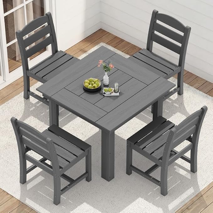 KINGYES 8-Piece HDPE Outdoor Dining Set for 6, Square Patio Table & Armless Chairs with Umbrella Hole, All-Weather Patio Dining Set for Backyard, Garden, Lawn & Poolside, Gray