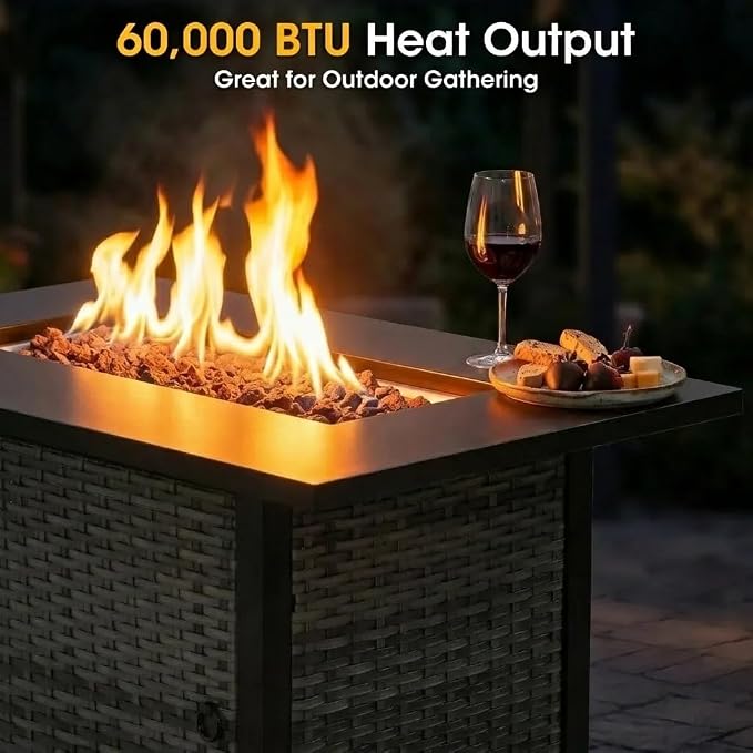 6 Piece Patio Furniture Set with Fire Pit, Grey Wicker Outdoor Conversation Set with 2 Swivel Rocker Chairs, Sofa, 2 Ottomans and Rectangular 60,000 BTU Fire Pit Table for Porch, Deck