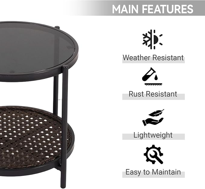 Outdoor Rattan Coffee Table - Patio Wicker End Table with Extra Storage Shelf, Rattan Outdoor Side Table with Round Glass Tabletop for Garden, Backyard, Porch, Black Gold