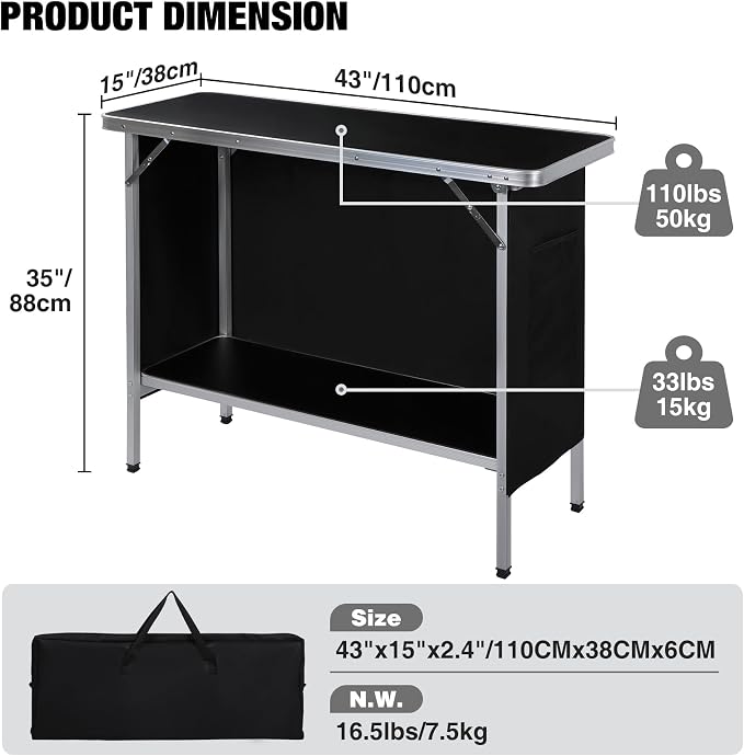 REDCAMP Portable Bar Table with Multi-Color LED Lights, Pop Up Folding Mobile Bar Bartender Table Podium Table for Events, Party, Camping, Tradeshow, Exhibition, Easy Setup, Black,43"x33"x15"