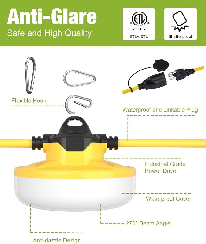 100FT Construction String Lights 3Prong Temp Lighting,130W 16000LM Industrial String Work Lights, IP65 Waterproof 18AWG Wire 5000K Super Bright for Jobsites Temporary Outdoor & Crawl Space Lighting