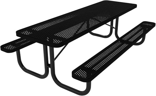 COATEDOUTDOORFURNITURE Heavy-Duty Portable Outdoor Picnic Table, Thermoplastic Coated Punched Steel Commercial-Grade Patio Dining Furniture Made in America (8ft Rectangular, Textured Black)