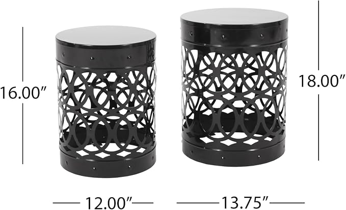 Modern Outdoor Garden Side Table, Set of 2, Black Iron End Tables, Patio & Balcony Plant Stand, Desert Sunset Cutout Design