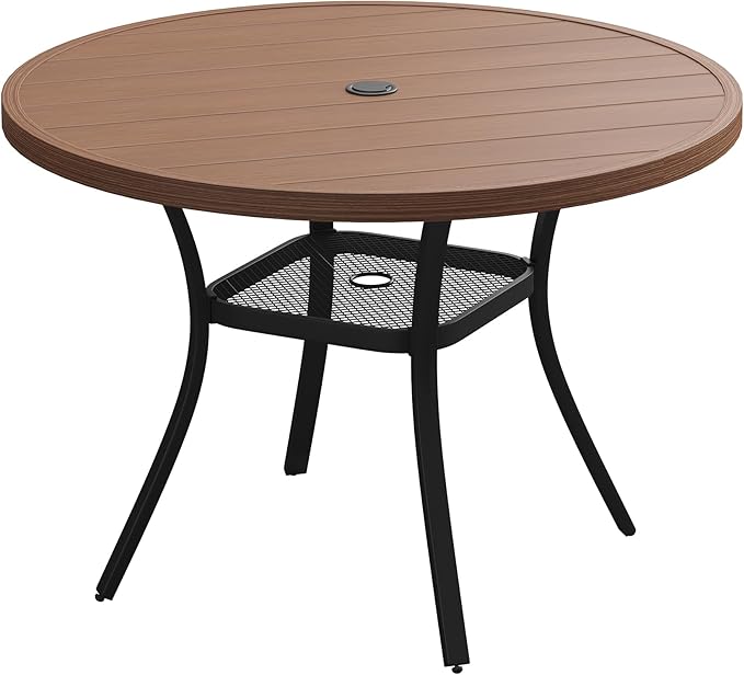 VICLLAX 40.6" Round Patio Table, Outdoor Dining Table for 4 with Umbrella Hole for Garden Lawn Deck Backyard, Walnut