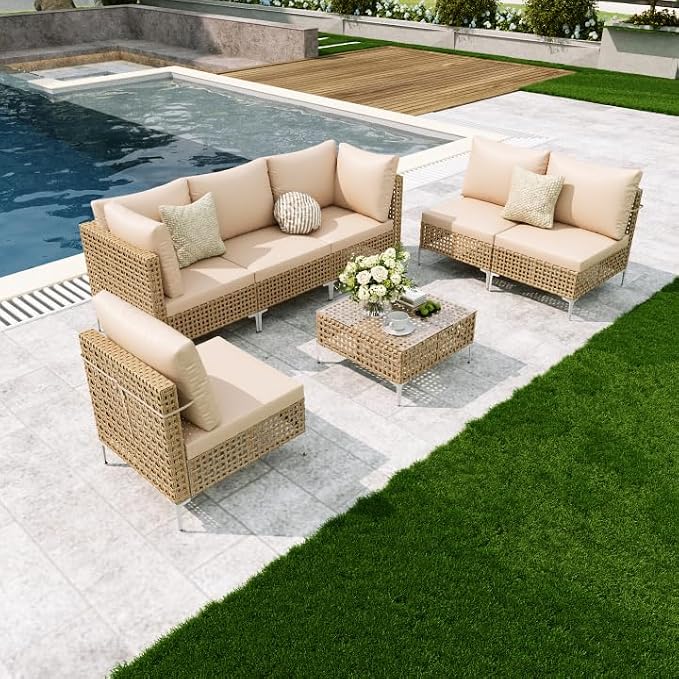 Outdoor Wicker Patio Furniture Set - 7 Piece | Outdoor Wicker Sectional Couch, Weave Rattan Sofa, with Coffee Table & Thick Cushion, Perfect for Deck, Garden, Backyard