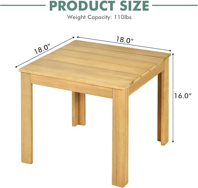 Tangkula Outdoor Square Side Table, Oversize Adirondack End Table, Acacia Wood Frame w/Oil Finished, All-Weather, Indoor Outdoor Patio Poolside Use, Weight Capacity 220lbs, 18 x 18 x 16 Inch