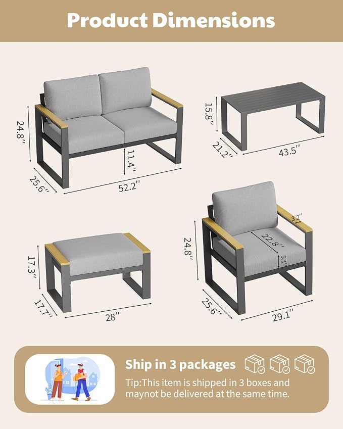 IDEALHOUSE Aluminum Outdoor Patio Furniture - 1 Pcs Loveseat and Coffee Table, All-Weather Metal Modern Outside Furniture with Washable Thick Cushion for for Balcony, Garden, Deck, Backyard,Gray