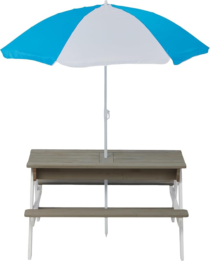 3-in-1 Kids Picnic Table with Umbrella, Convertible Sand and Water Table Outdoor Picnic Table for Outdoor Backyard Patio Play